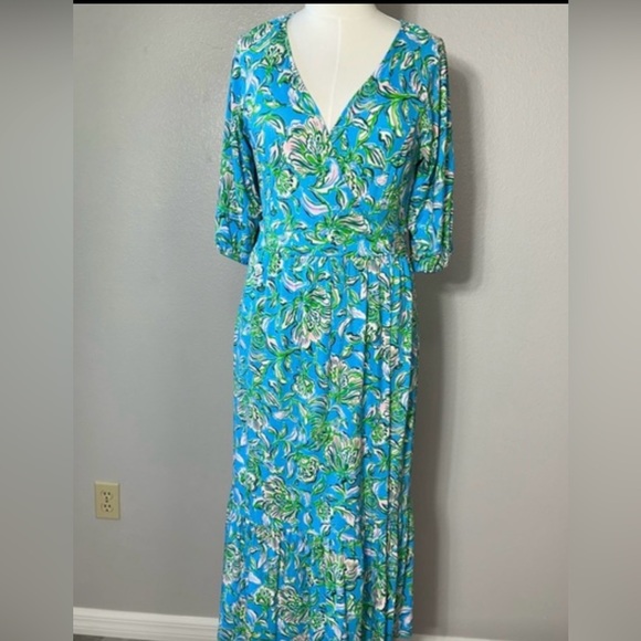 Lilly Pulitzer Brantley Midi Wrap Dress Cumulus Blue Chick Magnet, L - Picture 2 of 8